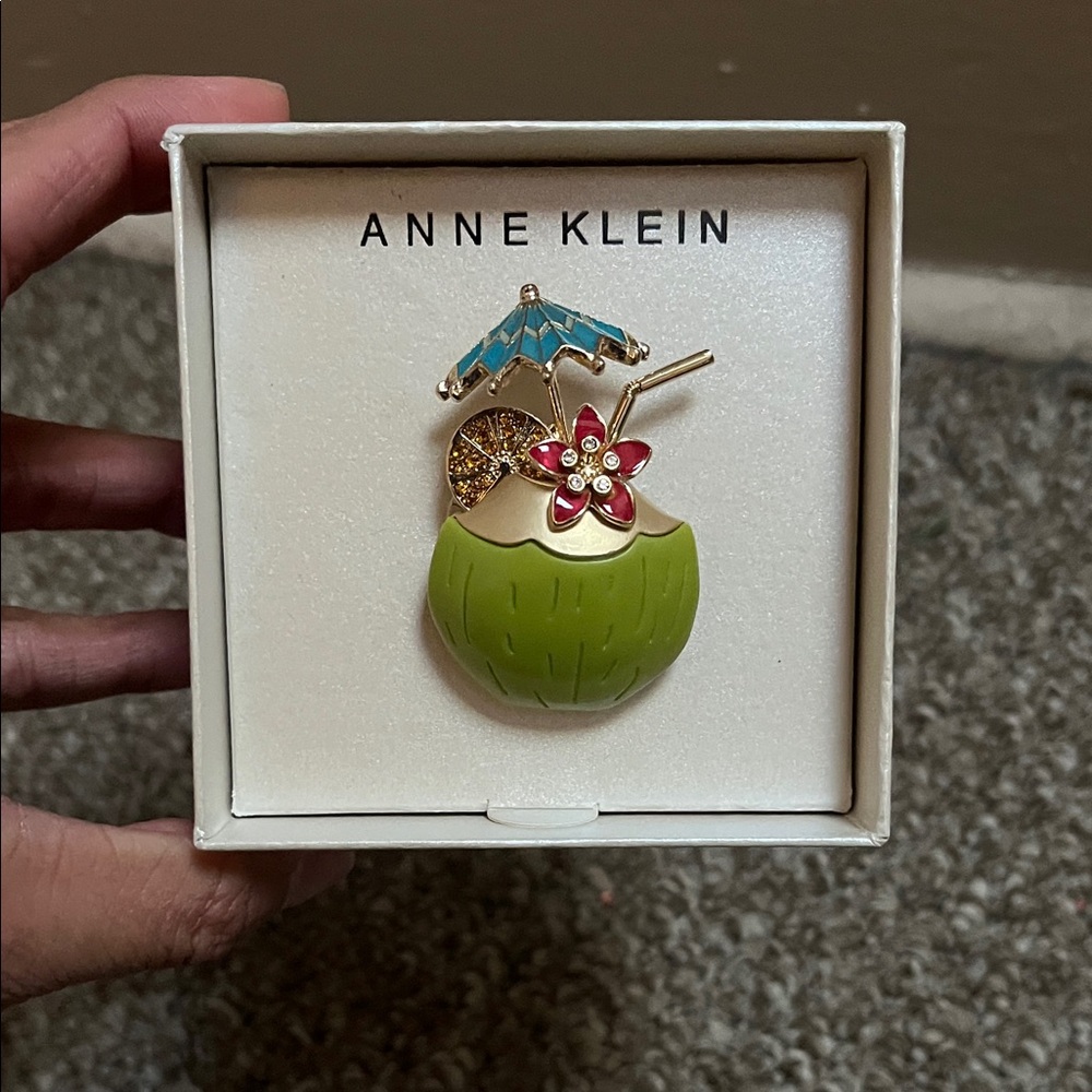 Anne Klein Coconut Cocktail Brooch with Green and Red Accents